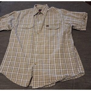 Wrangler Riggs Work Wear Men's XL Tan Olive Navy Plaid Button Down Shirt Outdoor